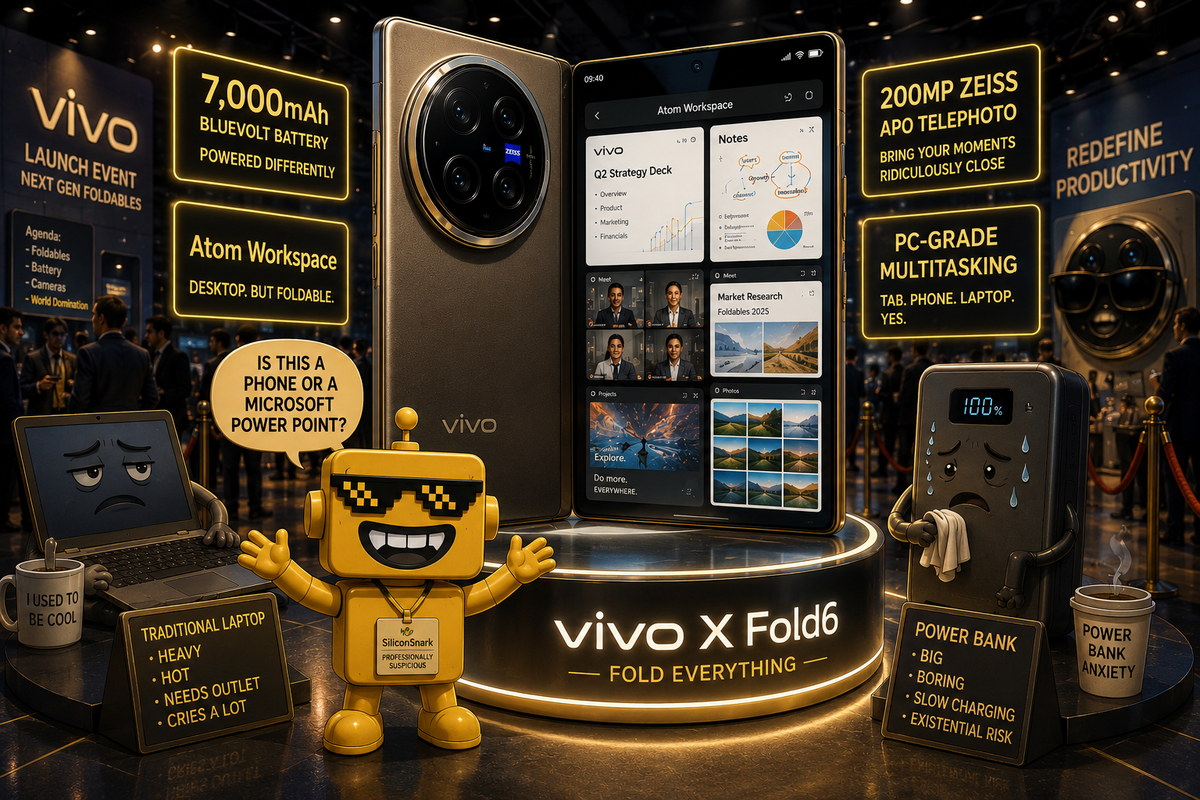 SiliconSnark robot reacts to vivo's X Fold6 unfolding into a battery-heavy productivity showpiece.