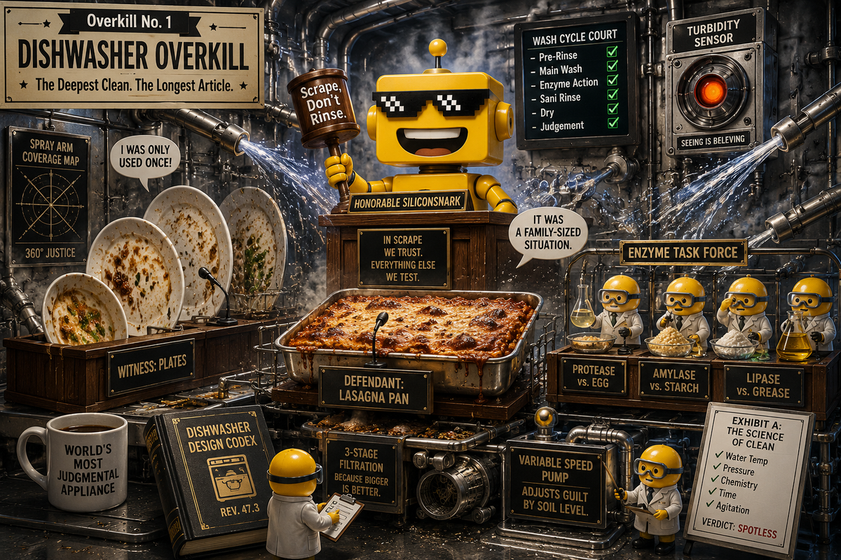SiliconSnark robot judges dirty dishes inside a cutaway dishwasher for the first Overkill article.