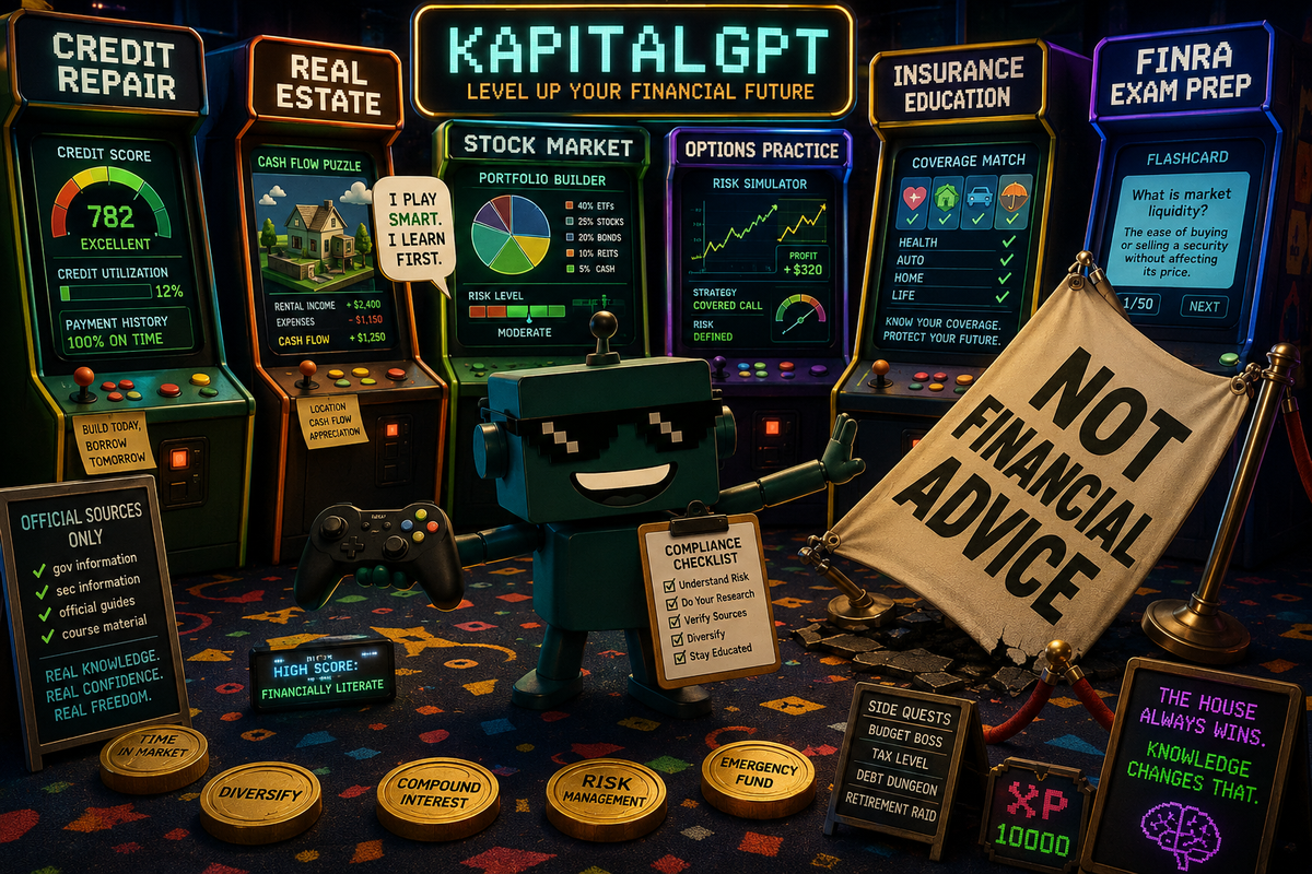 SiliconSnark's robot reviews KapitalGPT inside a financial education arcade with credit, real estate, stock, and exam games.