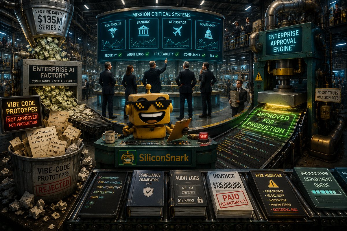 SiliconSnark robot watches 8090's giant AI software factory process code, compliance logs, and funding money.
