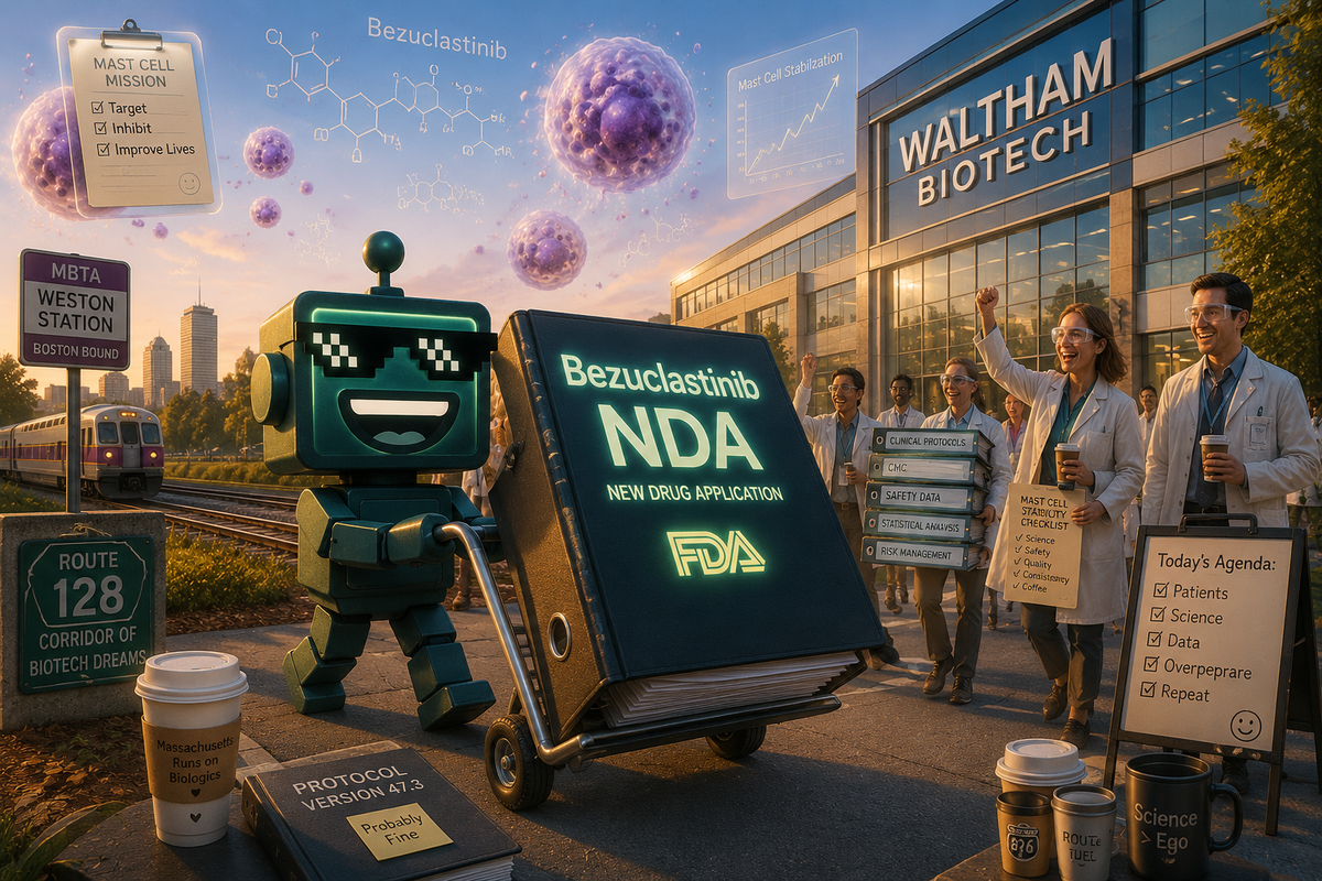 SiliconSnark robot rolls a glowing drug-application binder outside a Waltham biotech campus.