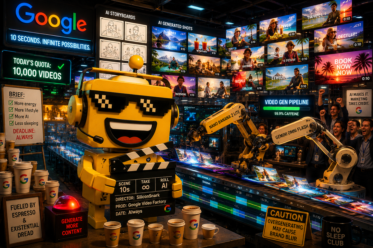SiliconSnark’s robot stands in an AI video studio where Google’s Gemini tools mass-produce images and clips.