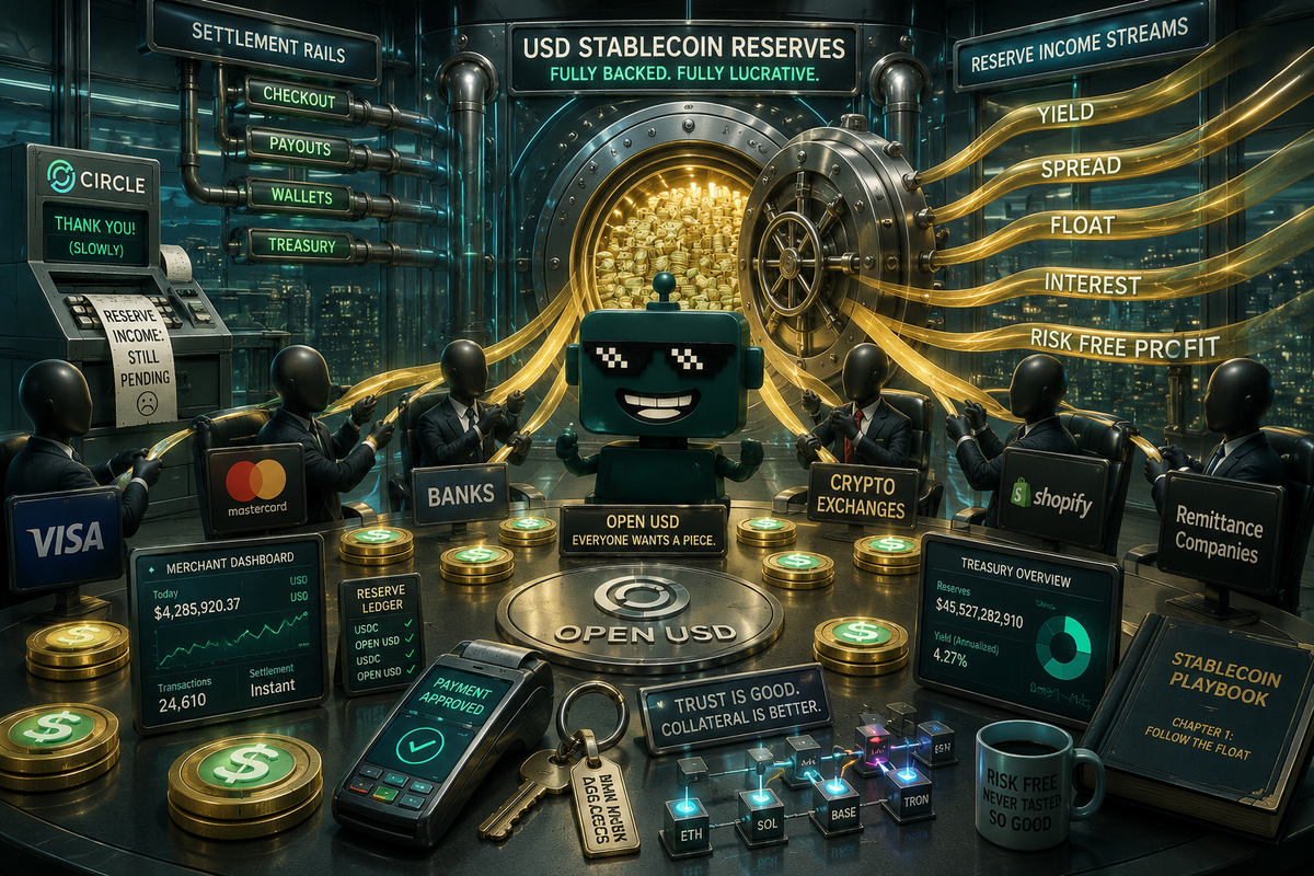 SiliconSnark robot watches payments companies share reserve revenue from a giant Open USD stablecoin vault.