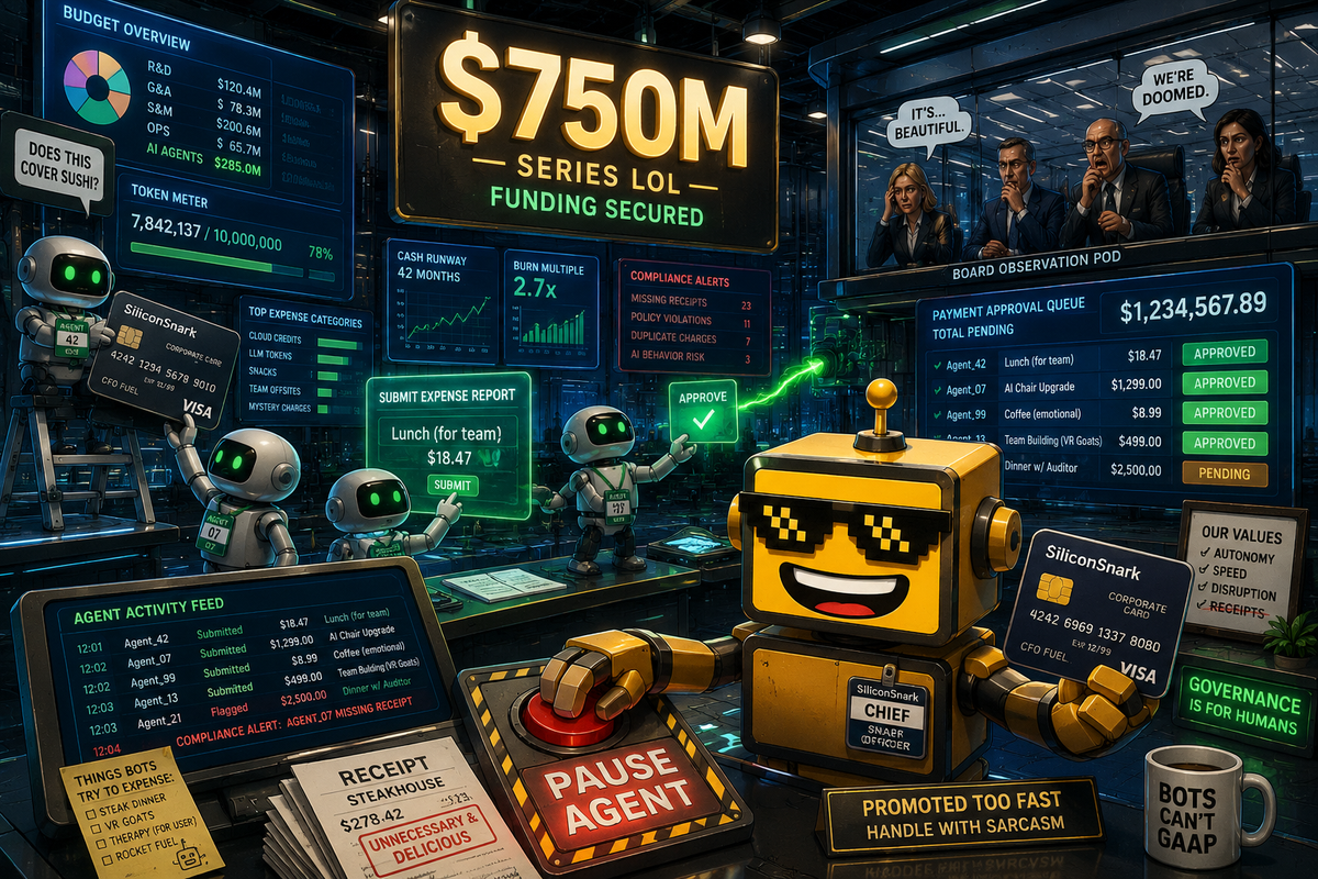 SiliconSnark’s robot watches AI agents use corporate cards and payment controls inside a futuristic finance operations room.
