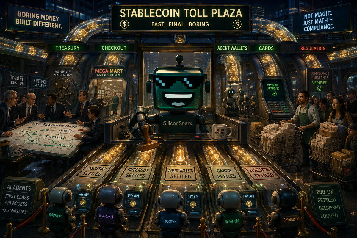 SiliconSnark robot runs a toll plaza where stablecoin dollars flow into payments, cards, banks, and AI systems.
