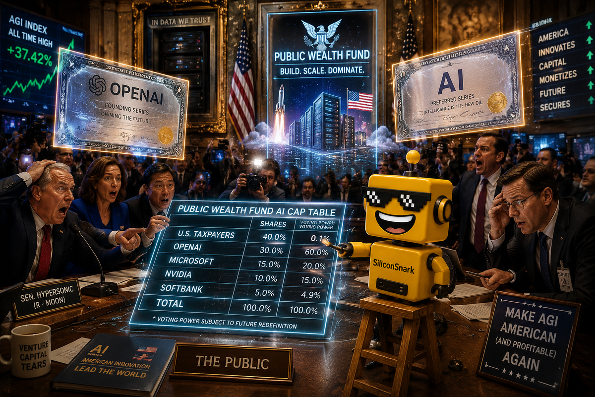 SiliconSnark’s robot reacts as politicians and AI executives turn public ownership of OpenAI into a surreal Washington stock-market spectacle.