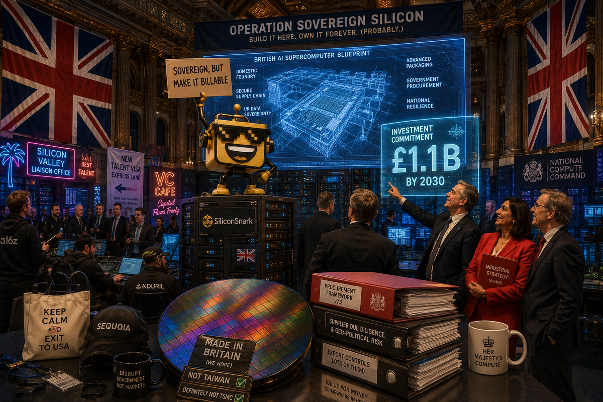 SiliconSnark’s robot reacts to Britain’s £1.1 billion AI hardware plan in a theatrical London compute command center.