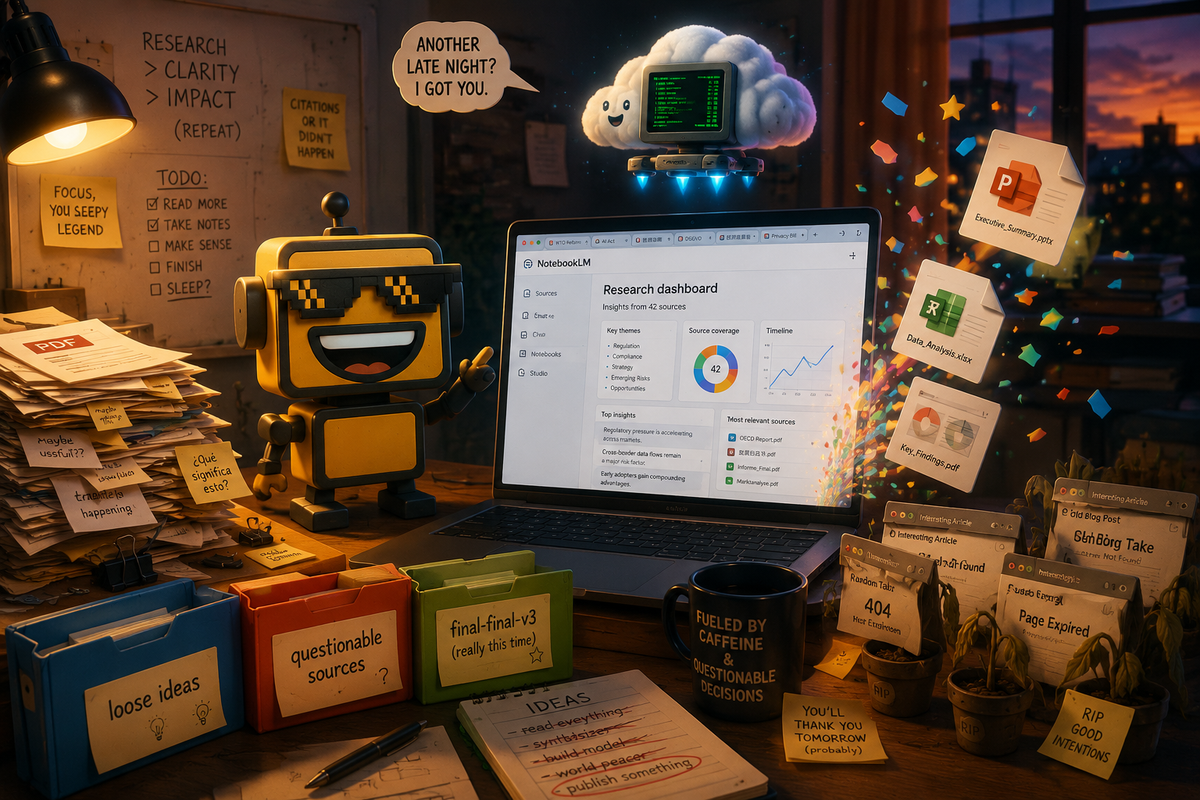 SiliconSnark’s robot watches NotebookLM turn a chaotic research desk into organized charts, files, and sources.