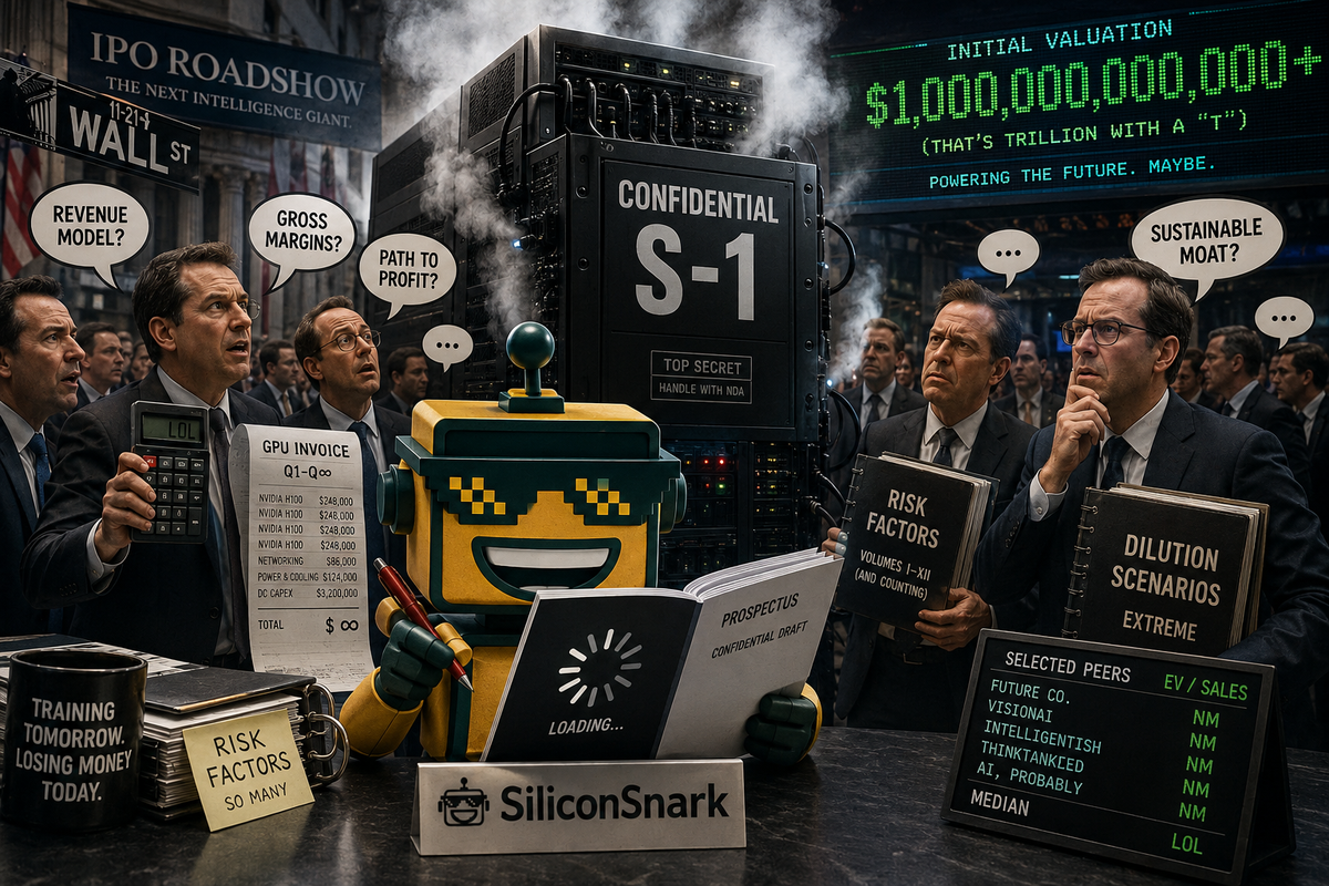 SiliconSnark's robot reviews OpenAI's confidential S-1 beside Wall Street analysts and a steaming AI server.