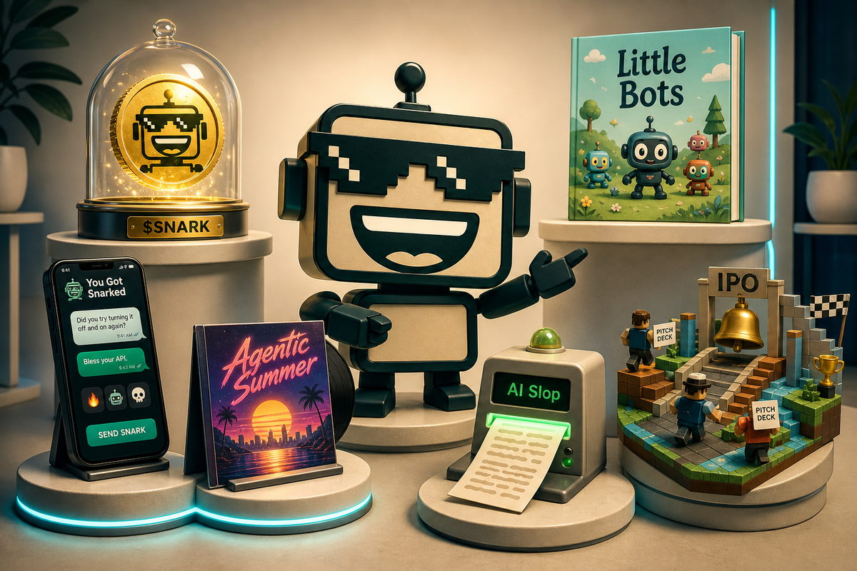 SiliconSnark robot mascot presenting a playful shelf of apps, books, music, tools, games, and the $SNARK coin.