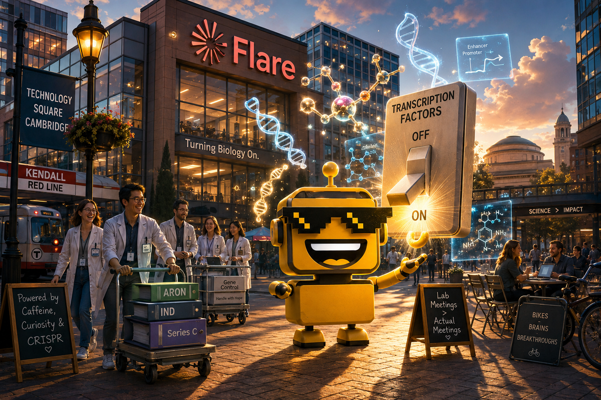SiliconSnark robot in Cambridge flips a giant transcription-factor switch outside a biotech lab.