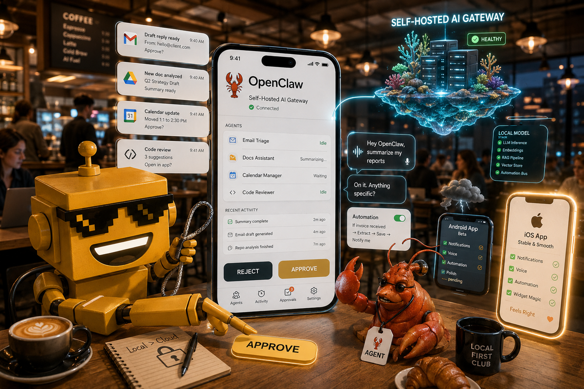 SiliconSnark's robot eyes the new OpenClaw mobile app in a coffee shop while AI approval prompts and self-hosted automation tasks float around a phone.