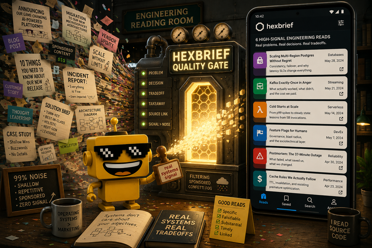 SiliconSnark's robot reviews Hexbrief as noisy engineering blog posts are filtered into six structured technical reads.