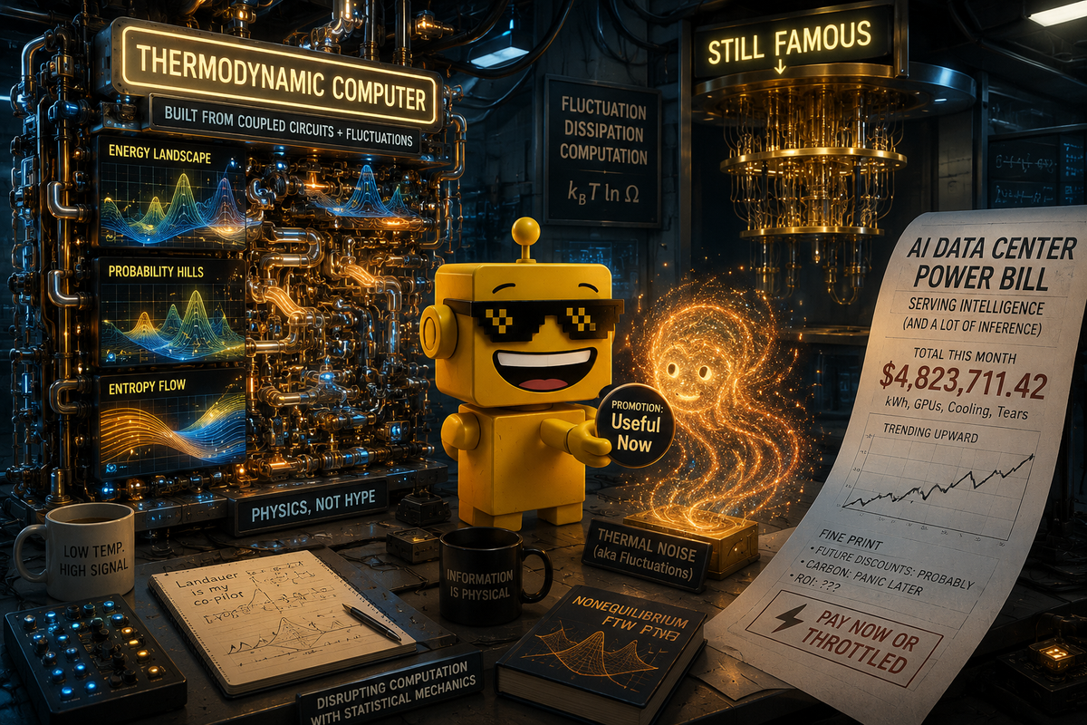 SiliconSnark robot watches a thermodynamic computer turn heat and noise into useful computation.