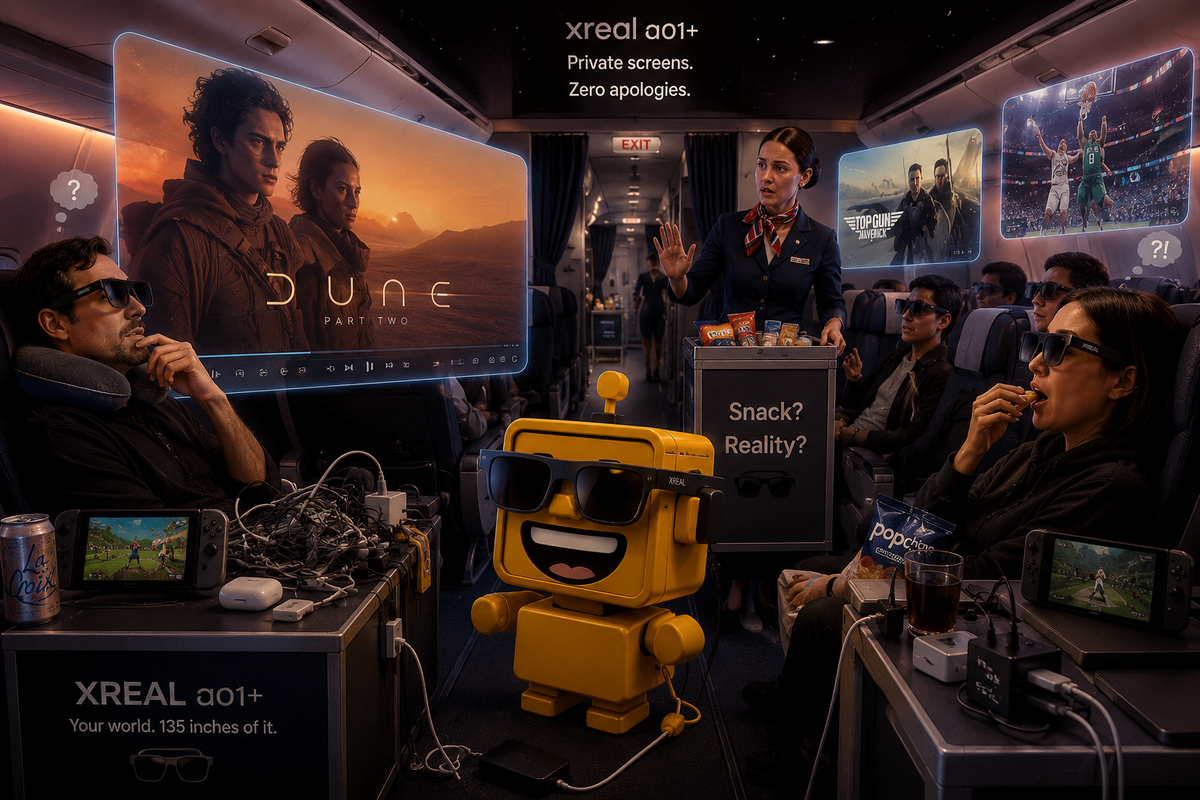 SiliconSnark’s yellow robot wears XREAL AR glasses in an airplane cabin filled with floating private movie screens.
