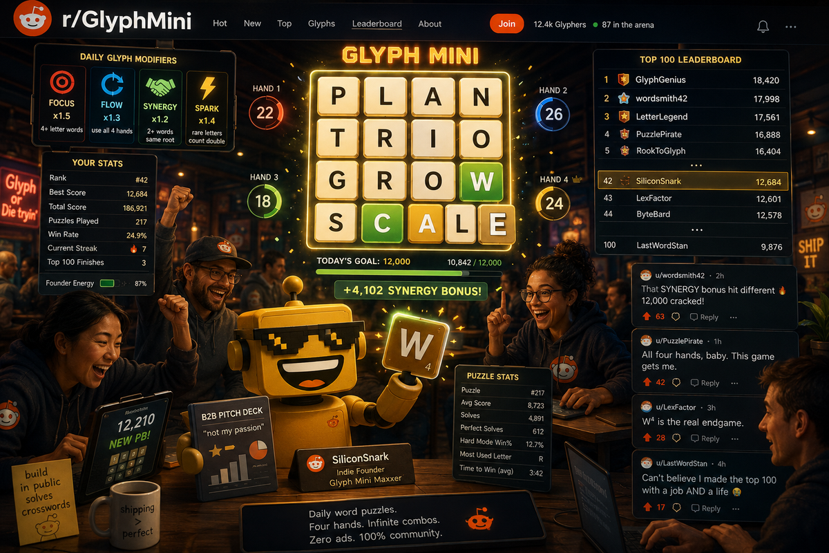 Surreal illustration of a Reddit-inspired Glyph Mini word puzzle arena where the SiliconSnark robot celebrates with a winning letter tile