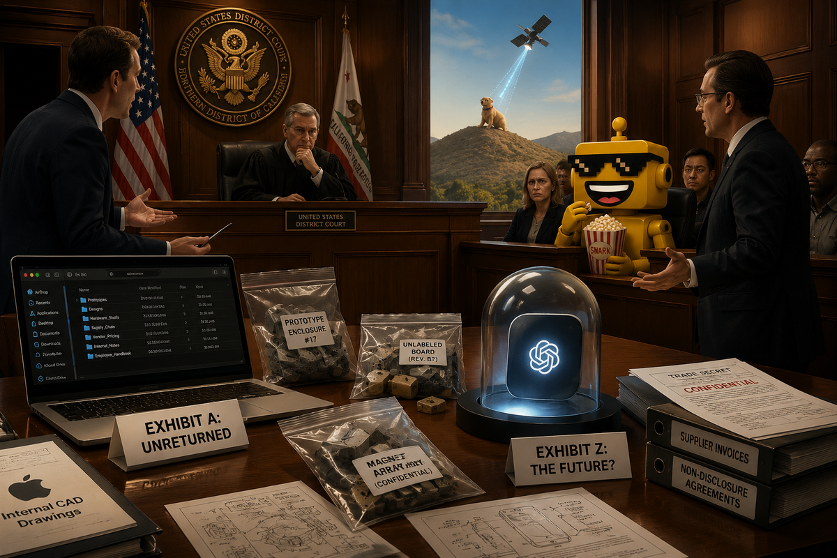 The SiliconSnark robot watches Apple and OpenAI lawyers argue over an unreturned laptop in court while a satellite tracks a dog outside.