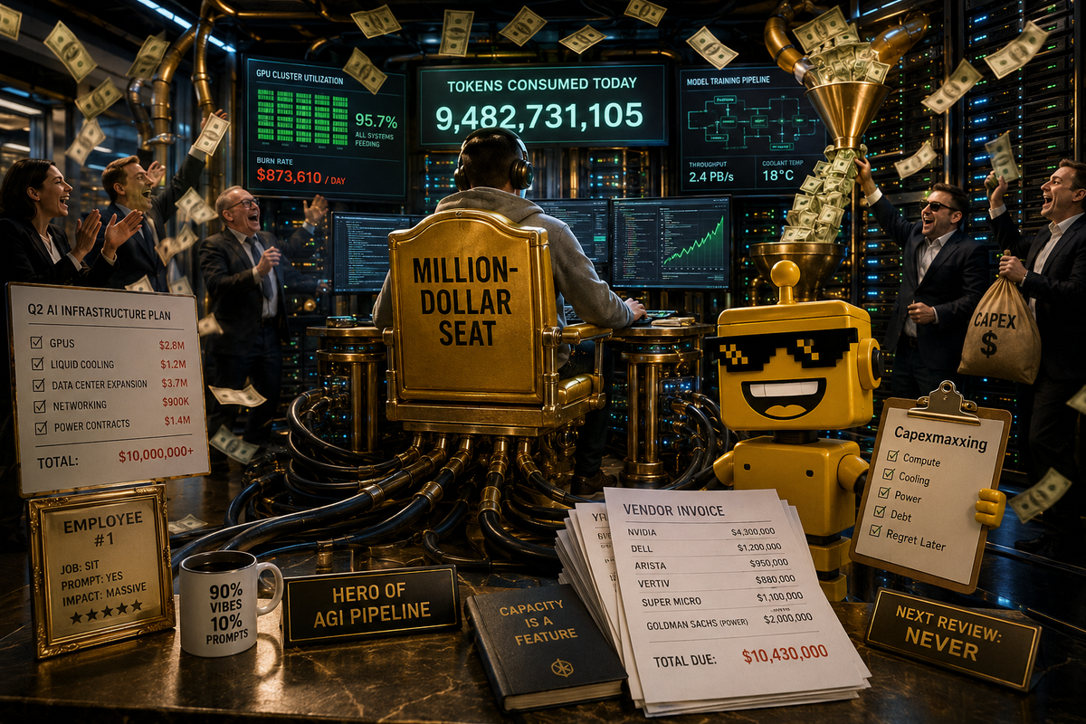  A worker on a golden AI throne connected to GPU racks while executives celebrate rising costs.