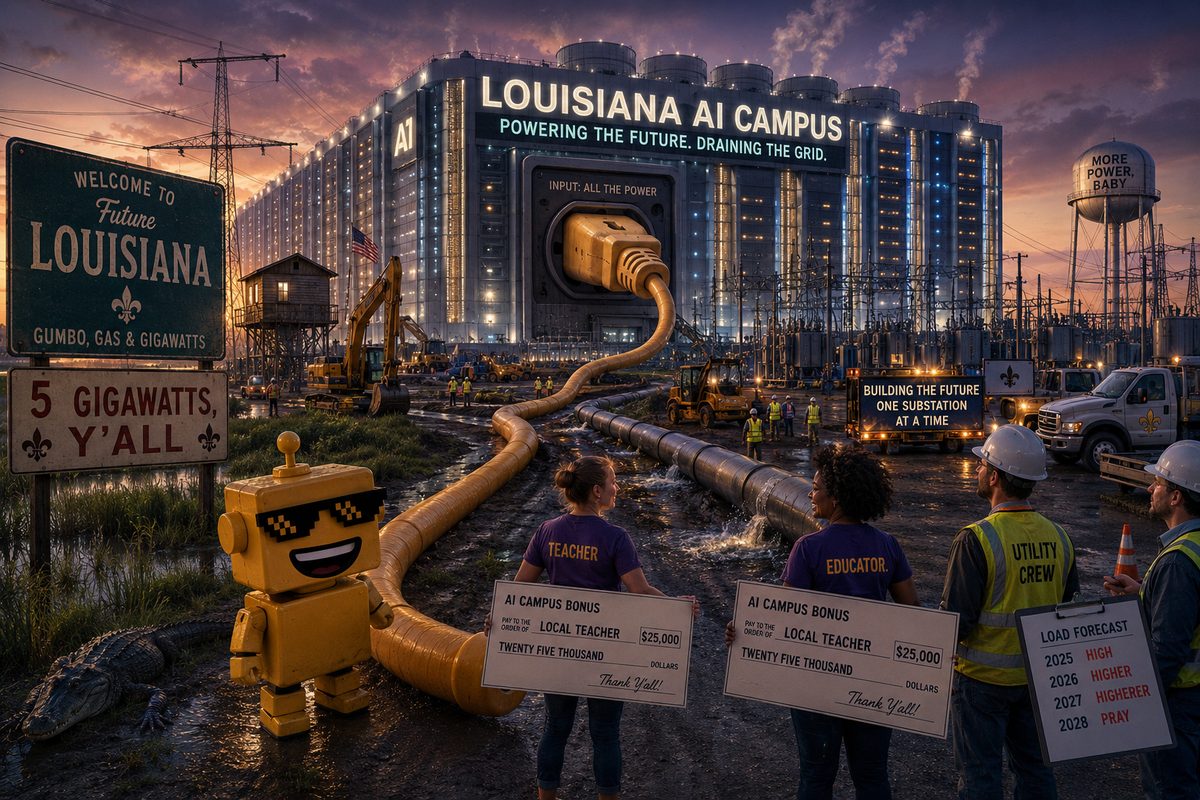 SiliconSnark robot watches a vast Meta-style AI data center spread across rural Louisiana with giant power lines and local workers nearby.