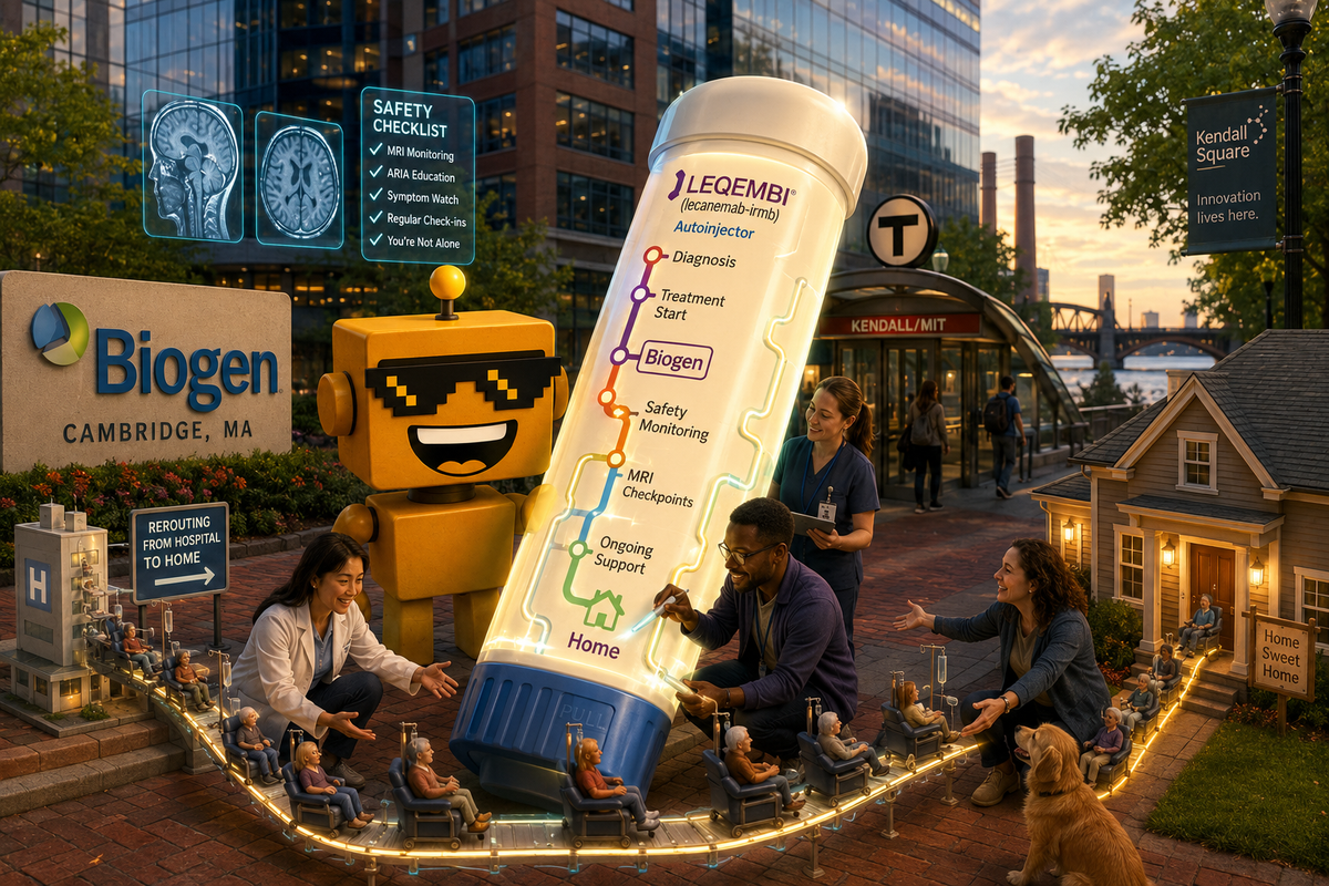 SiliconSnark robot outside Biogen in Cambridge with a giant autoinjector and home-treatment imagery.