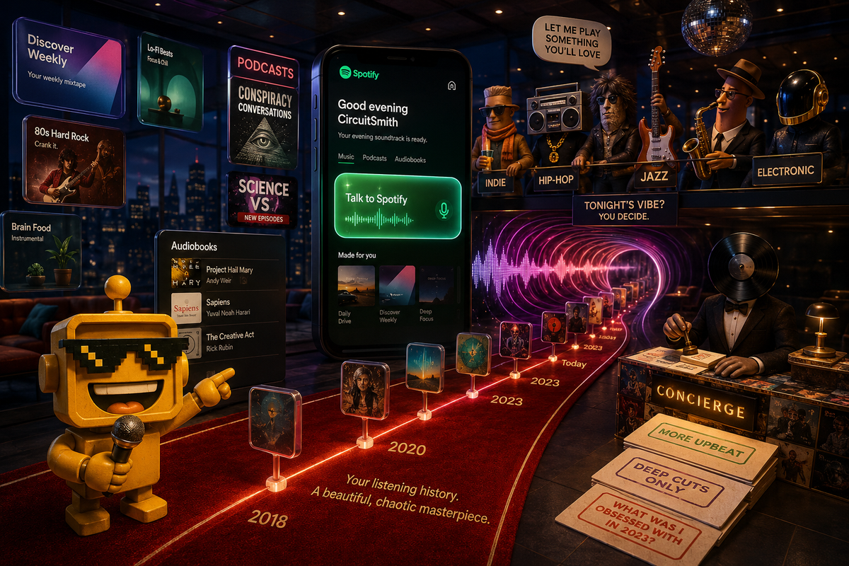 SiliconSnark robot stands inside a surreal Spotify-style chat interface surrounded by playlists, podcasts, and a glowing listening-history timeline.
