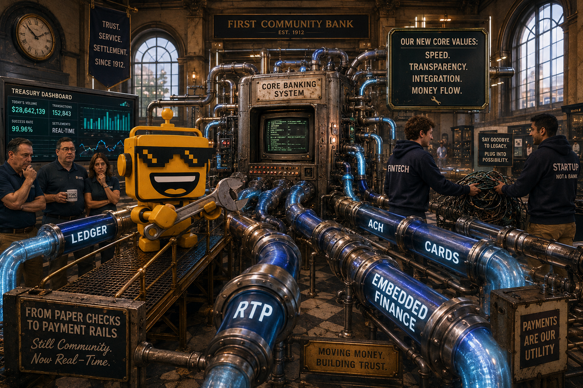 Mustard-yellow SiliconSnark robot connects payment pipes inside a community bank turned money-movement factory.