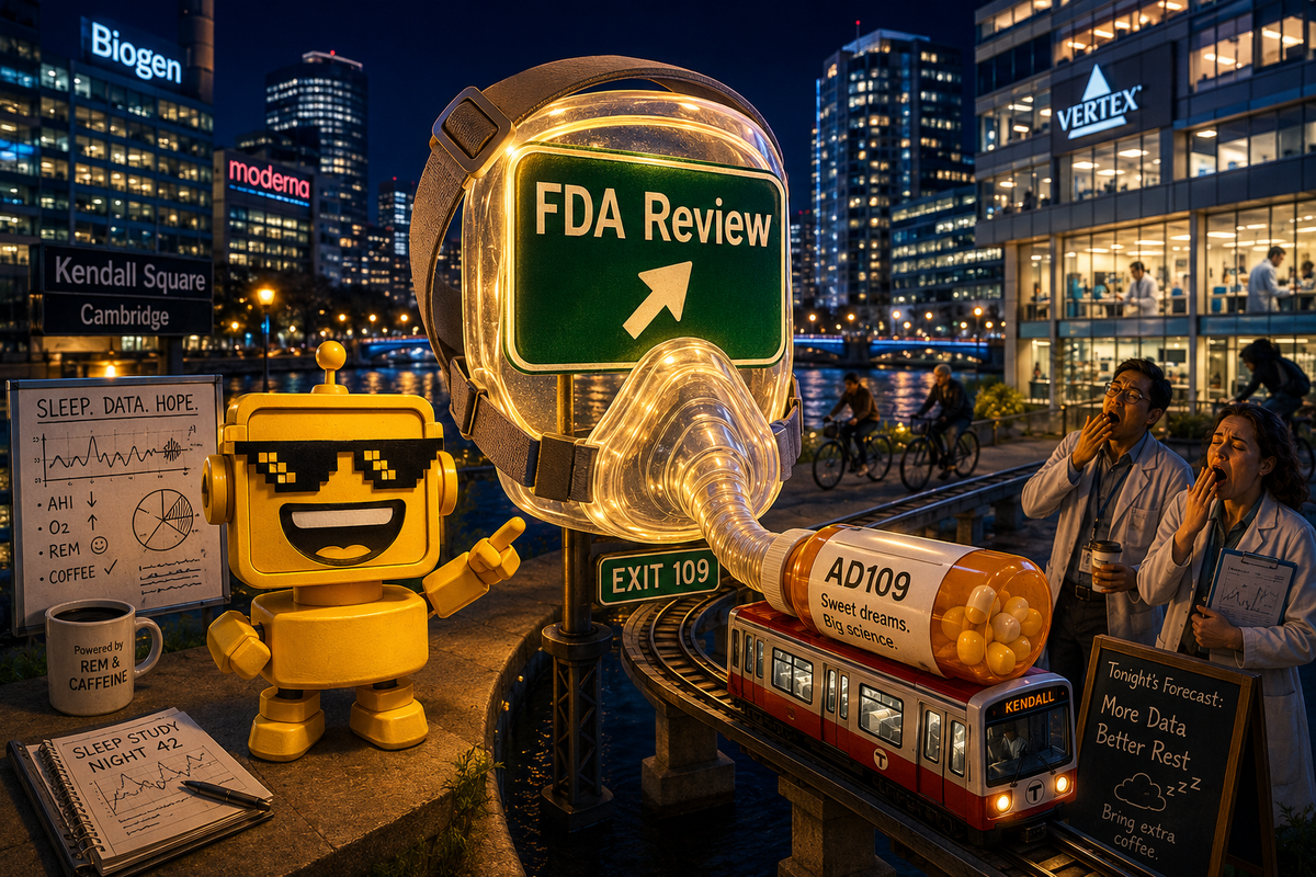 SiliconSnark robot in Kendall Square beside a giant CPAP mask and an AD109 pill heading toward FDA review.