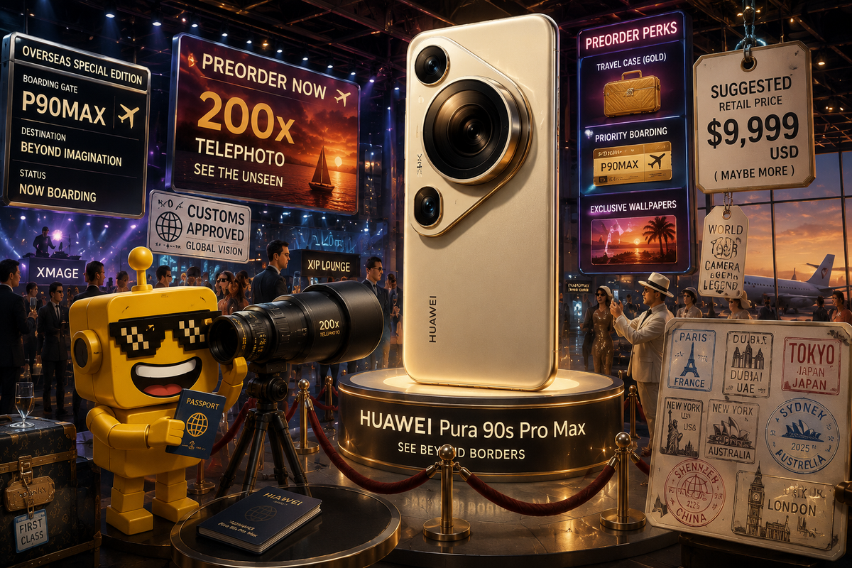 SiliconSnark's mustard-yellow robot reacts to Huawei's Pura 90s Pro Max at a glossy launch filled with travel and camera gags.