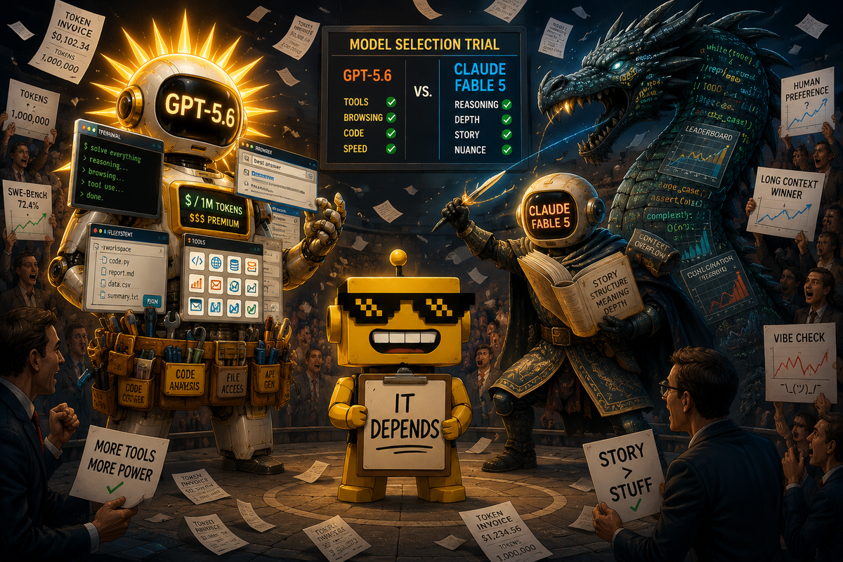 SiliconSnark robot referees GPT-5.6 and Fable 5 battling with tools, code, benchmarks, and invoices.