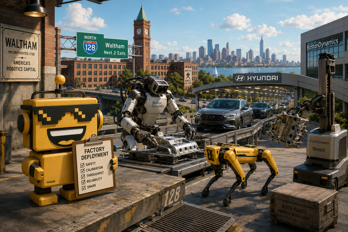 SiliconSnark robot watches Atlas sequence parts at a Boston Dynamics factory in Waltham.