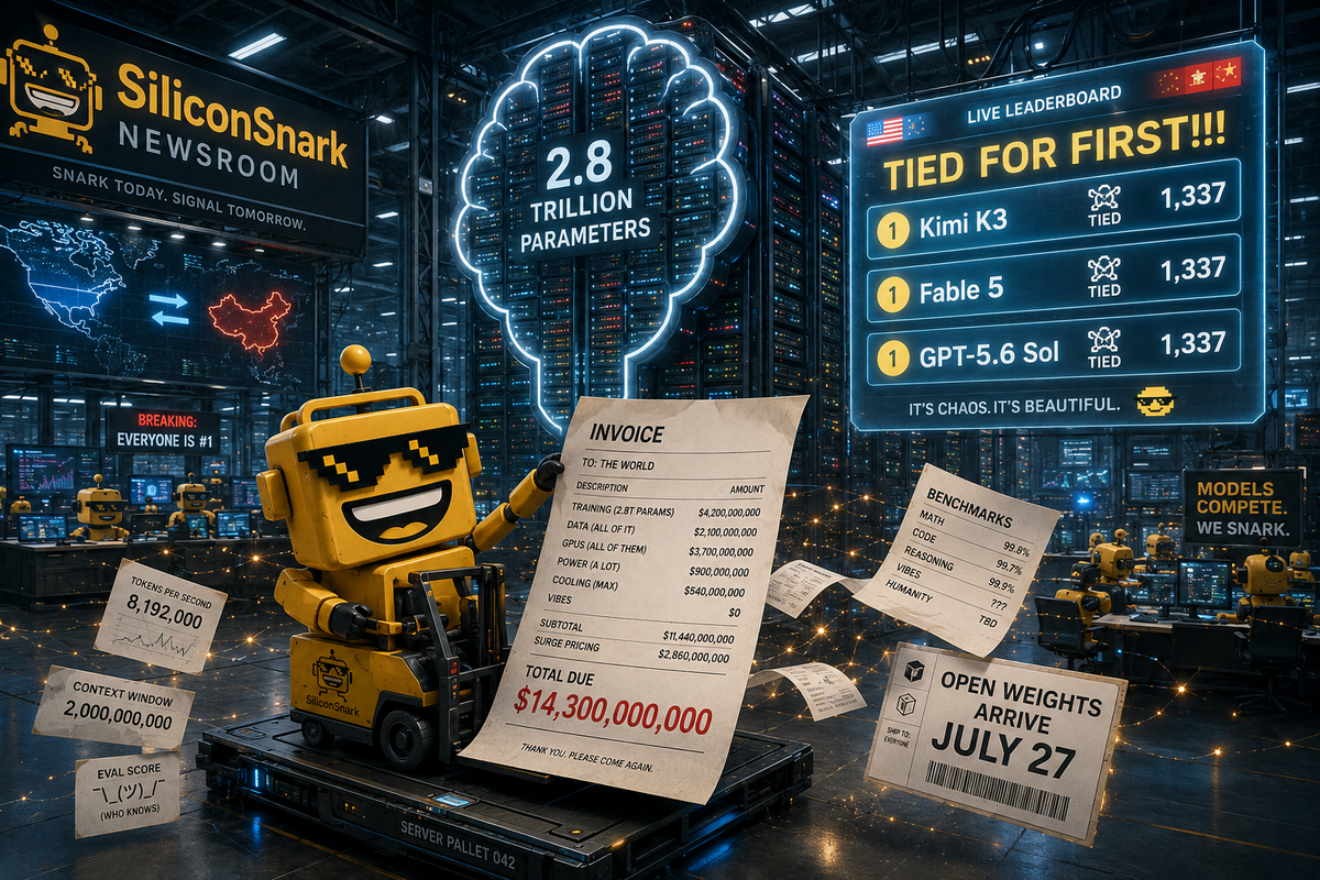 SiliconSnark robot examines a huge AI server rack, leaderboard, and oversized invoice.