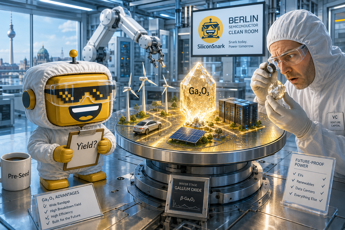Mustard-yellow SiliconSnark robot examines a glowing gallium oxide wafer in a semiconductor clean room.