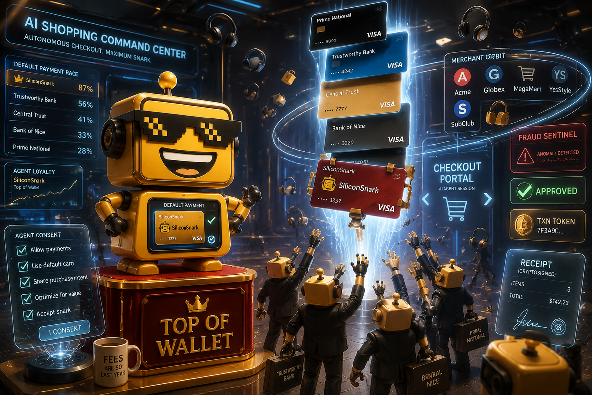 w SiliconSnark robot guards bank cards as AI shopping agents compete at a digital checkout.