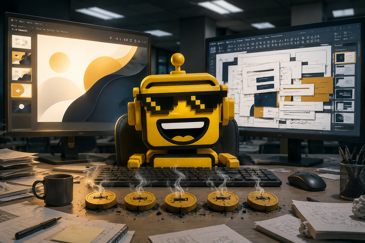 SiliconSnark robot mascot at a cluttered office desk between two presentation screens