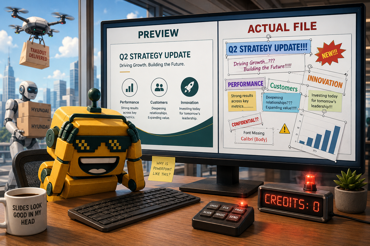 The SiliconSnark robot despairs at a perfect PowerPoint preview next to its mangled real file, as a moving robot and delivery drone pass by outside.