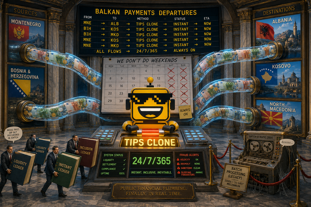 SiliconSnark robot routes instant payments through a Balkan central-bank settlement hub.