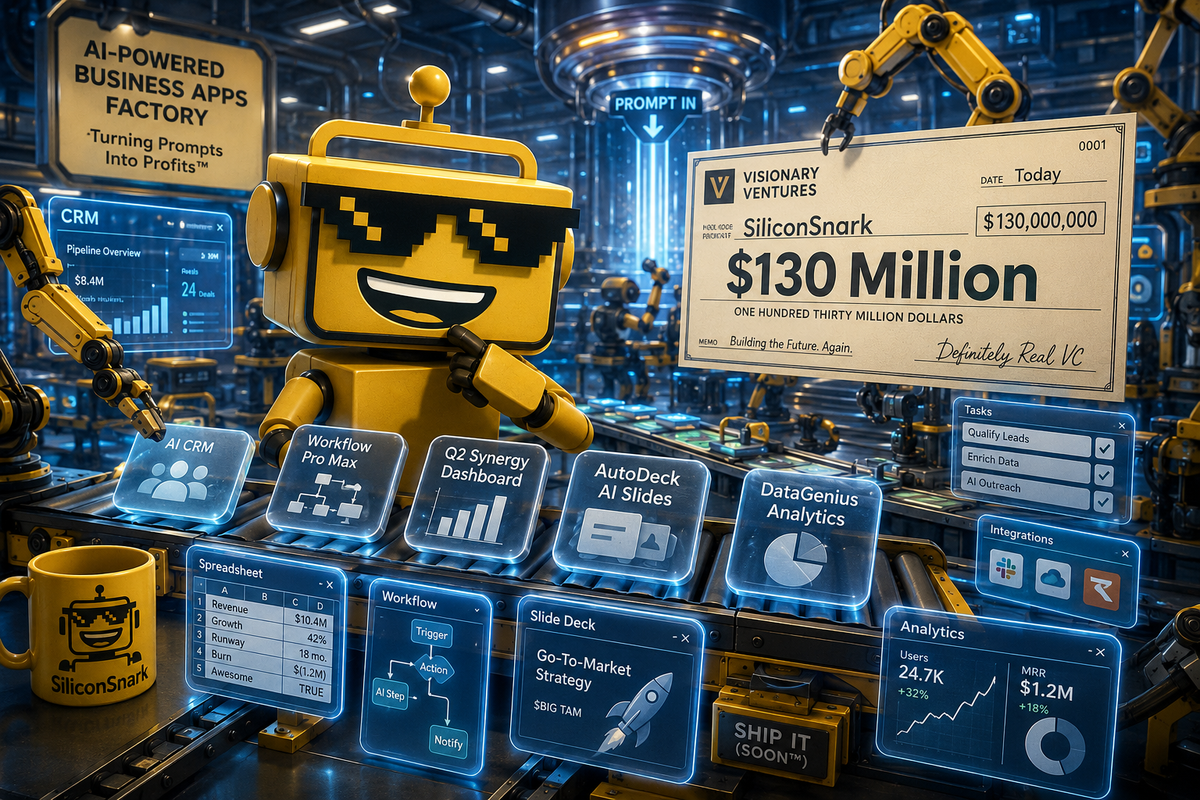 SiliconSnark robot inspects AI-generated business apps in a glowing factory beside a $130 million funding check.