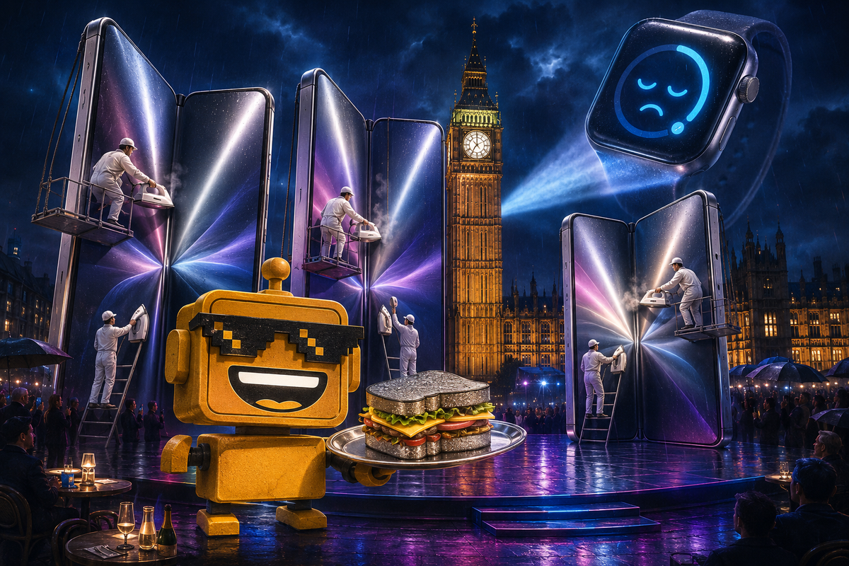 SiliconSnark robot serves a titanium sandwich beside folding phones and a giant smartwatch in London.