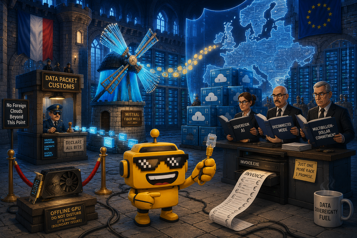 SiliconSnark’s mustard-yellow robot inspects Mistral and Microsoft servers behind a European firewall.