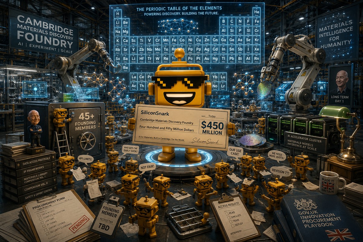 SiliconSnark robot holds a $450 million check in an AI materials laboratory surrounded by molecular models and partner robots.