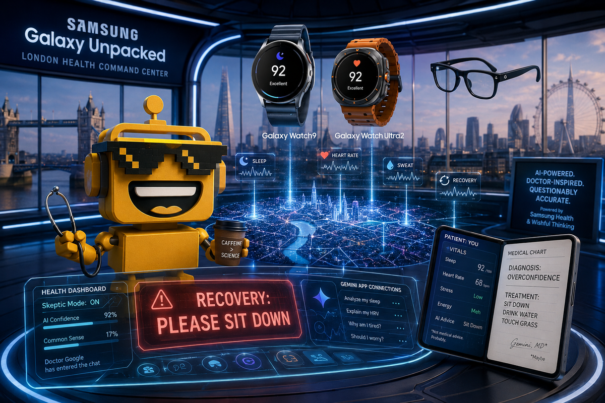  SiliconSnark robot examines AI health data from Samsung smartwatches in a futuristic London launch room.