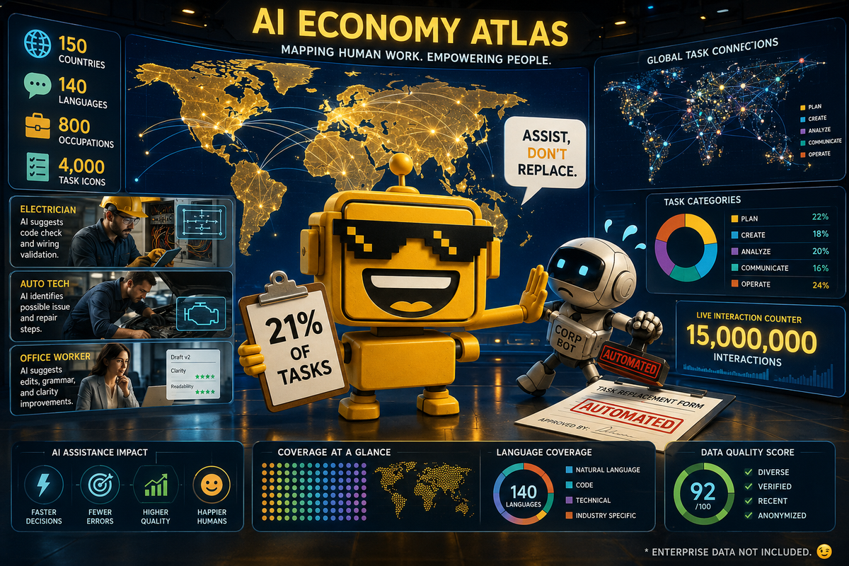 Mustard-yellow SiliconSnark robot studies an AI economy map while occupation icons and a 21 percent task-use chart surround it.