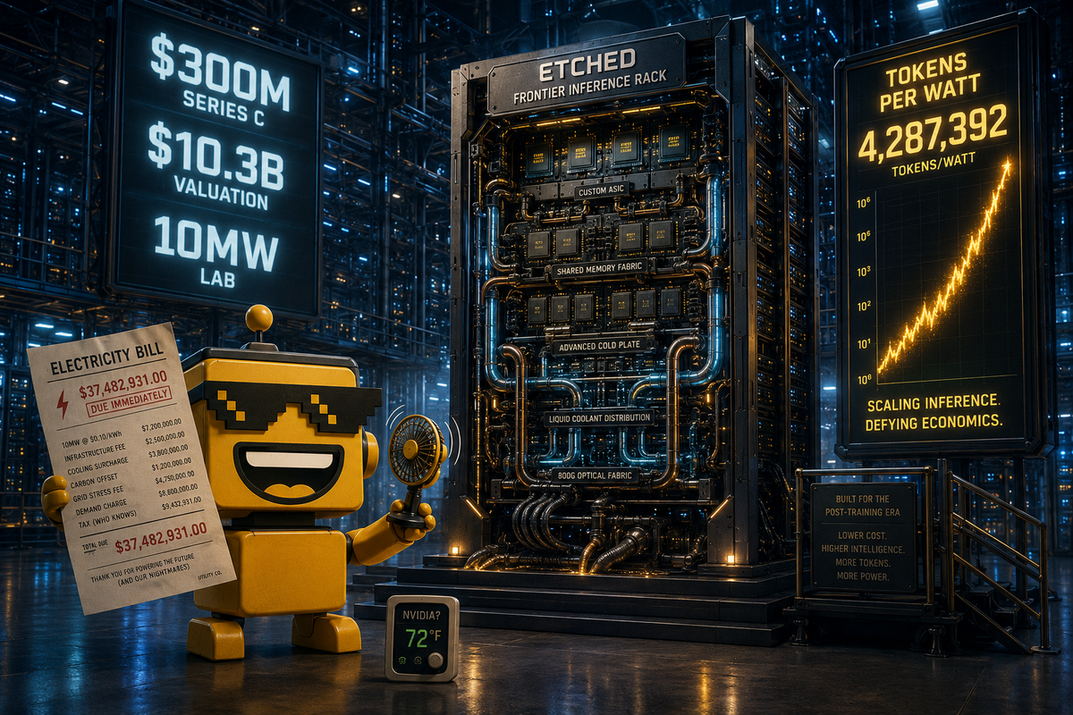  SiliconSnark robot reacts to an Etched AI inference rack, cooling system, and giant electricity bill.