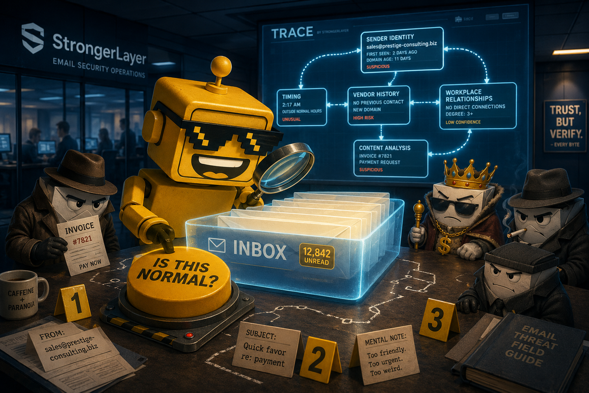 SiliconSnark robot investigates suspicious emails in a glowing AI security operations room.