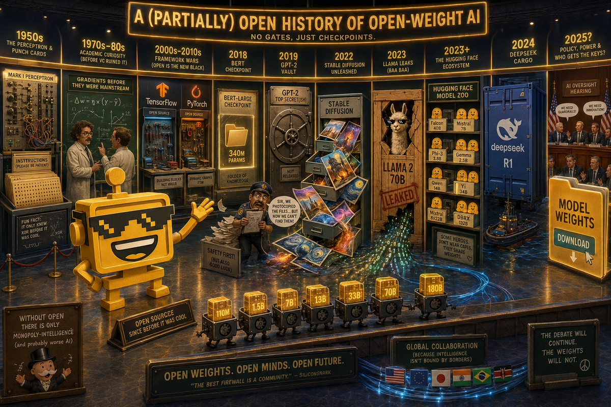 SiliconSnark’s robot walks through the history of open-weight AI from perceptrons to Washington policy.