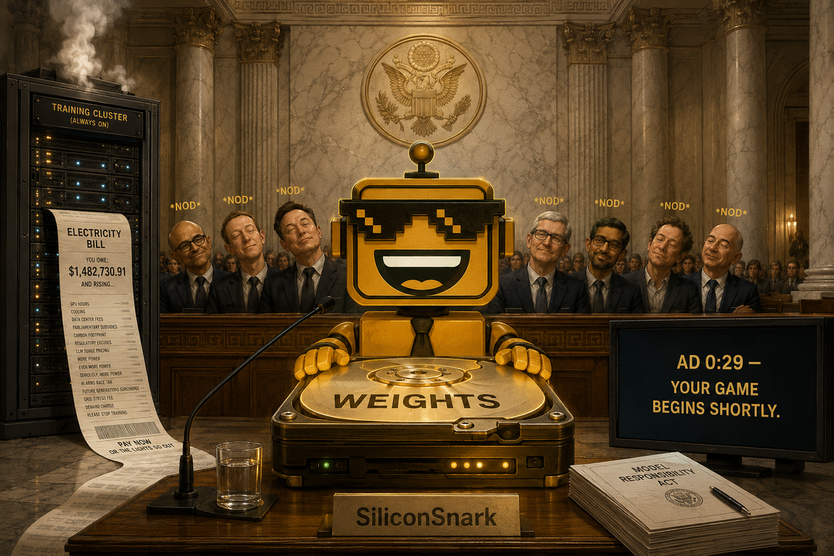 The SiliconSnark robot testifies in a Washington hearing room while guarding a glowing hard drive labeled "Weights."