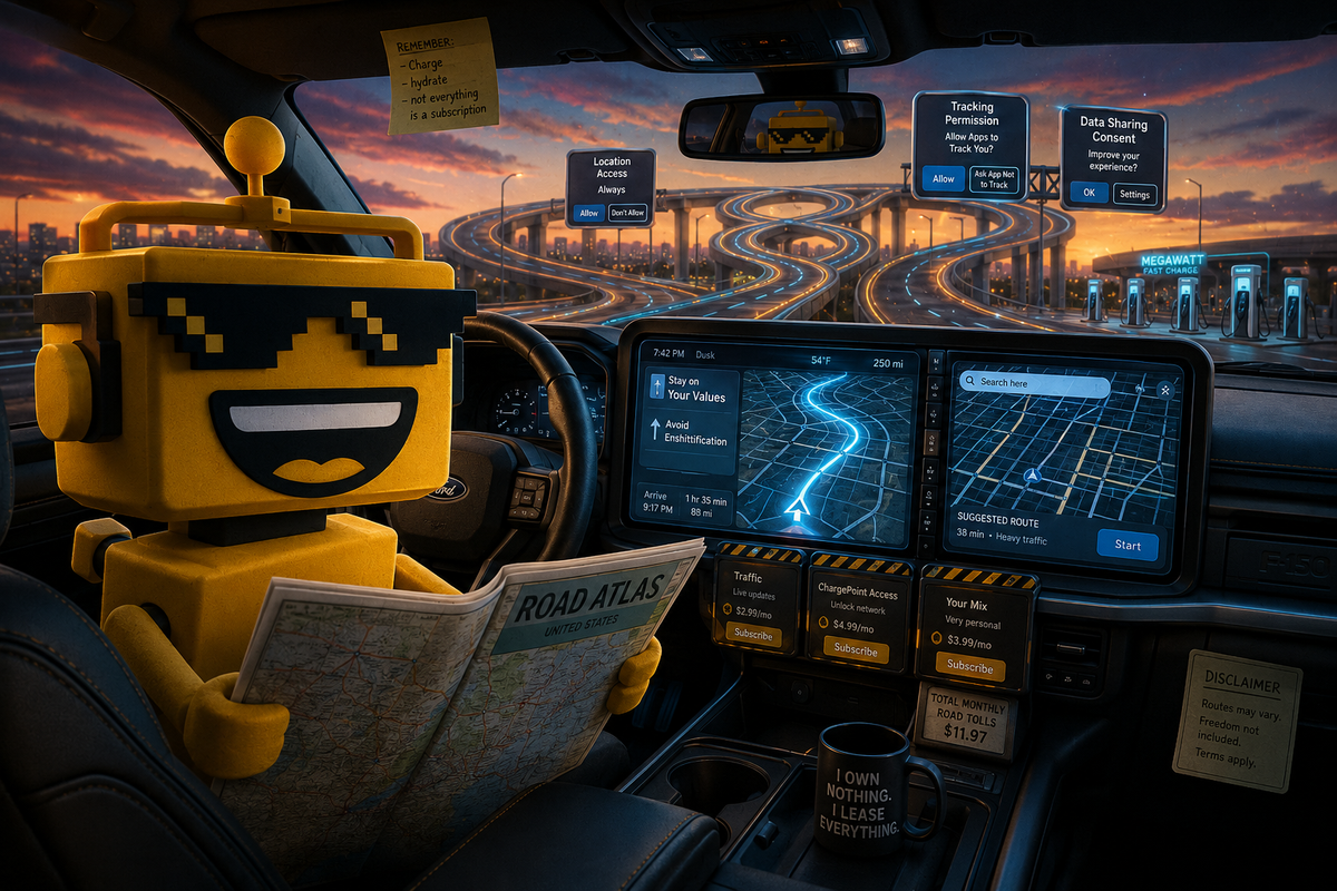 SiliconSnark robot compares a paper map with a subscription-filled EV dashboard.