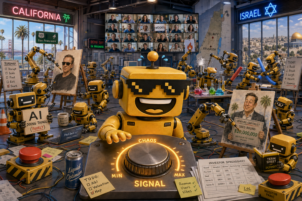 SiliconSnark robot adjusts a giant volume knob while AI robot arms paint, mix flasks, and duel in a hangar.