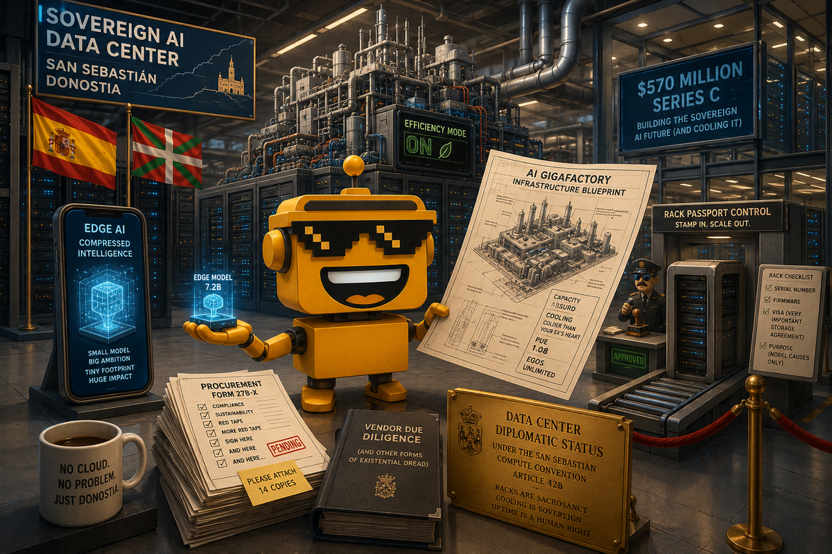 robot compares a tiny compressed AI model with a huge sovereign data center blueprint.