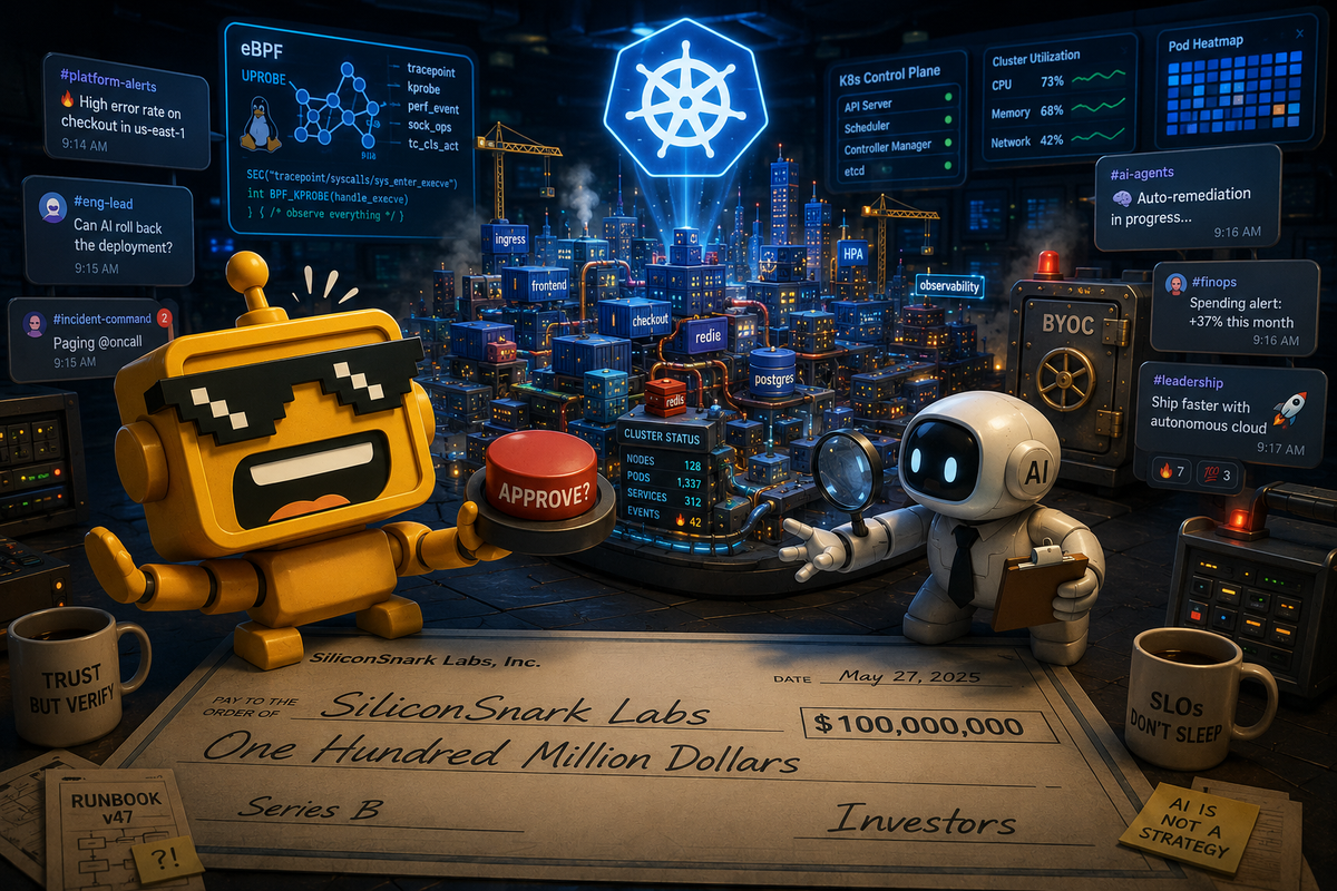 robot guards an approval button while an AI agent investigates a glowing Kubernetes city in a cloud operations room.